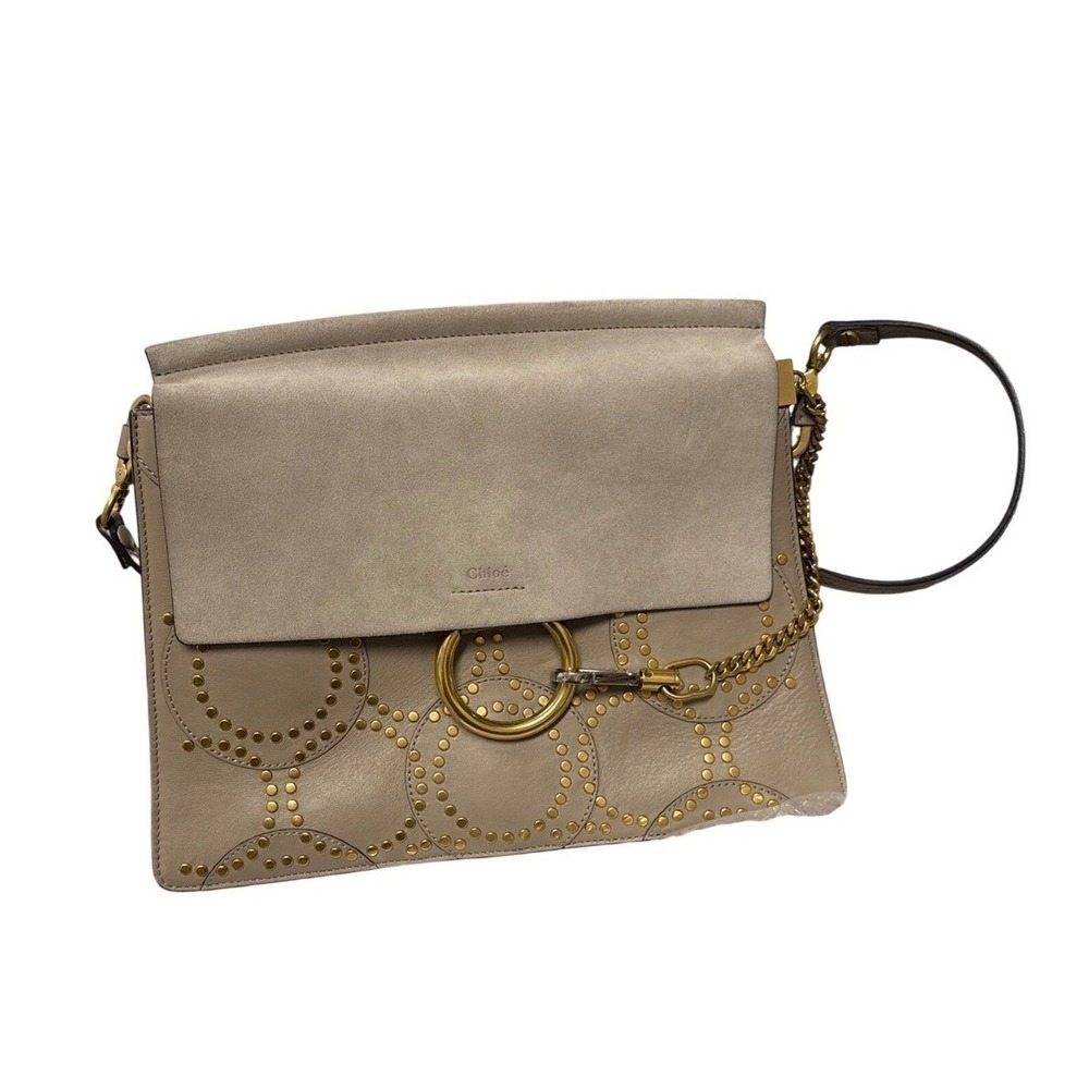Chloe Faye Studded Suede Leather Shoulder Bag Taupe Grey Gold Hardware Rare COA